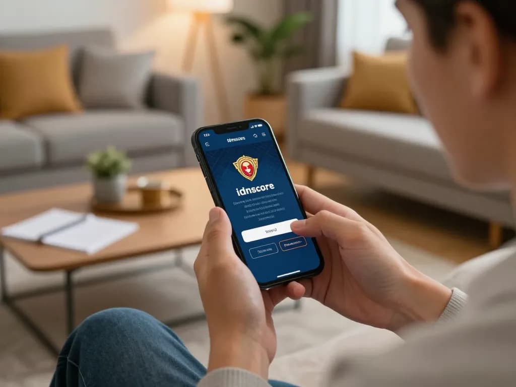 Engaging with login idnscore on smartphone in cozy home setup, showcasing dynamic online gambling atmosphere.