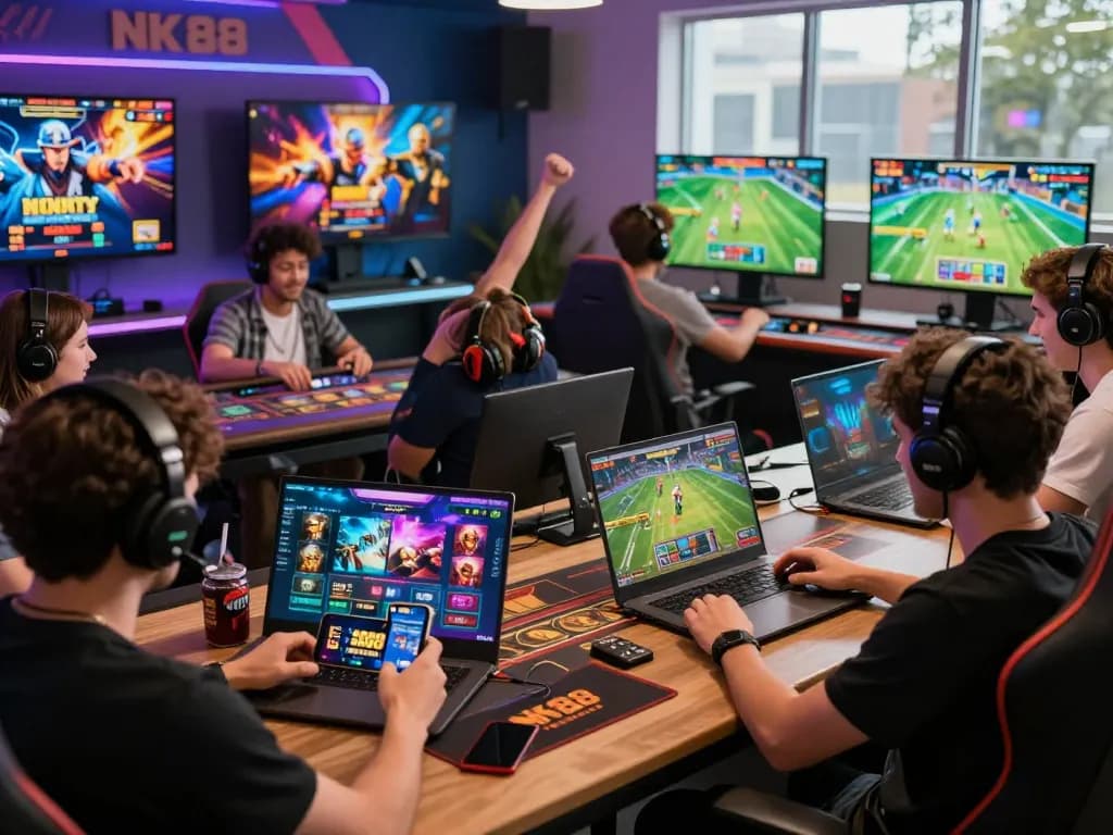 Exciting scene of players enjoying NK 88 online gaming platform on multiple devices with vibrant graphics.