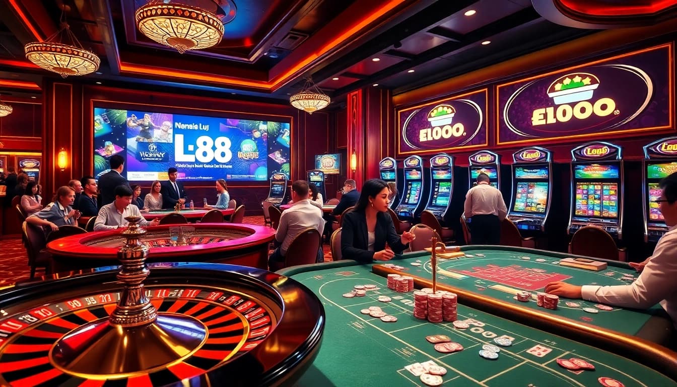 Exciting gaming event featuring nhà cái lu88 with players at poker and roulette tables, showcasing vibrant casino atmosphere.