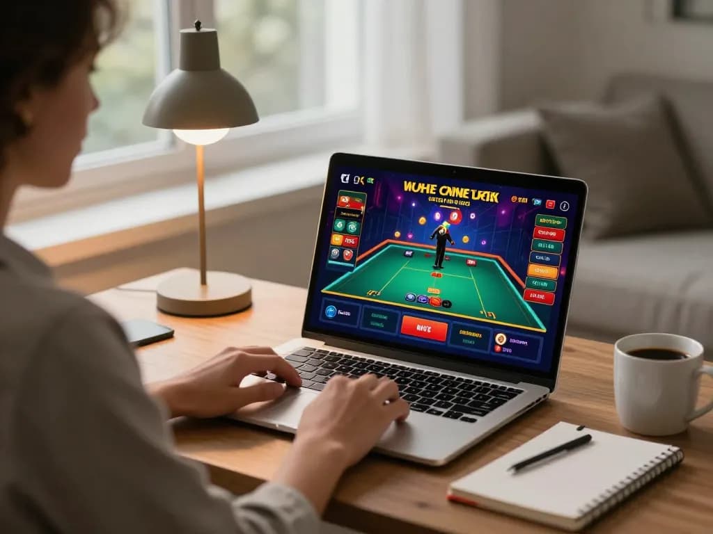 Engaging online gaming session at cf68, showcasing dynamic live dealer action on a laptop in a stylish home setting.
