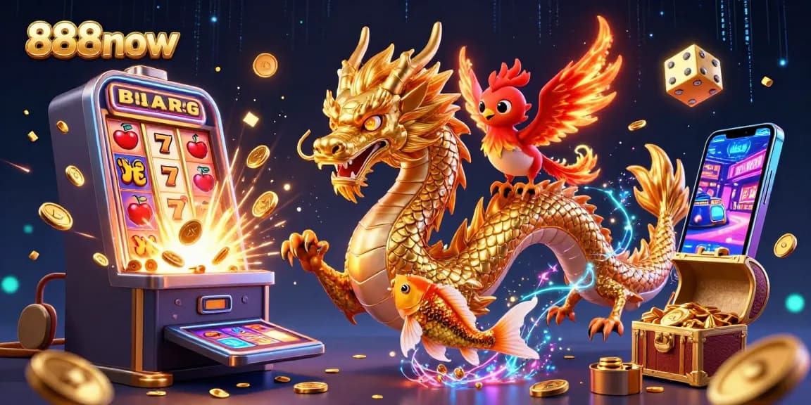 Spin the reels at 888now with vibrant casino action featuring a dragon, phoenix, and koi fish.