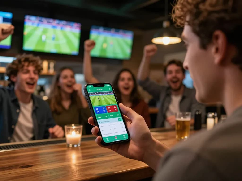 View of a friend group enjoying live sports betting with the Cakhia TV app in a lively bar setting.