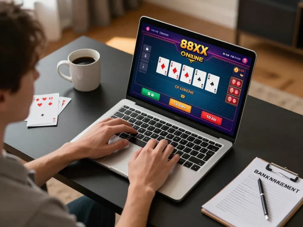 Player managing their strategy at 88xx online casino on laptop, showcasing strategic gameplay.
