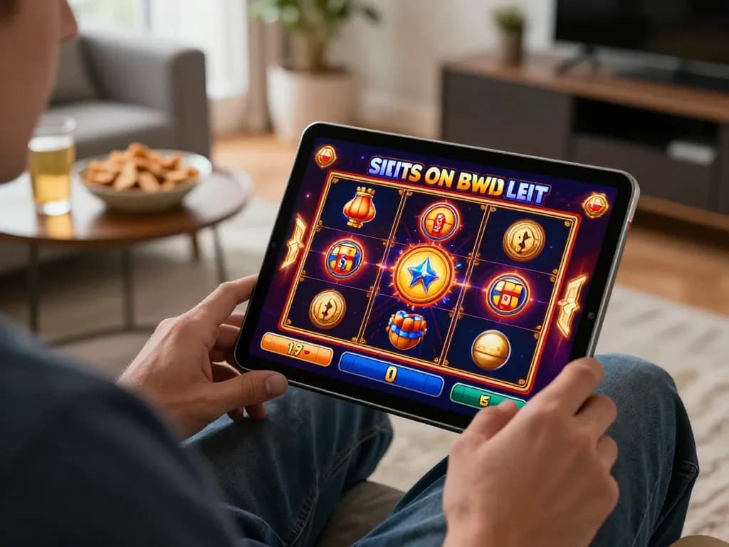 Engaging with situs slot games on tablet, showcasing excitement in online gaming.