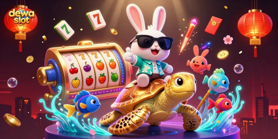 Engage with dewa slot in a vibrant 3D illustration featuring interactive casino elements and joyful characters.