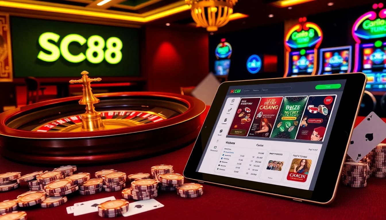 Experience SC88 cá cược with vibrant casino elements, showcasing roulette wheels, poker cards, and modern gambling interfaces.