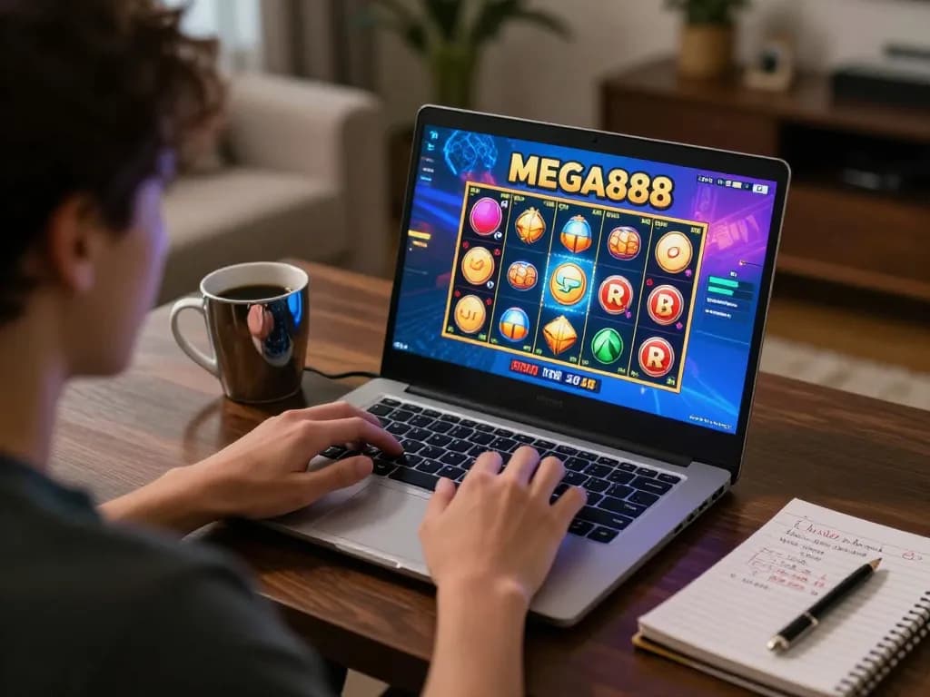 Person enjoying MEGA888 online slots while tracking strategies in a cozy home setup
