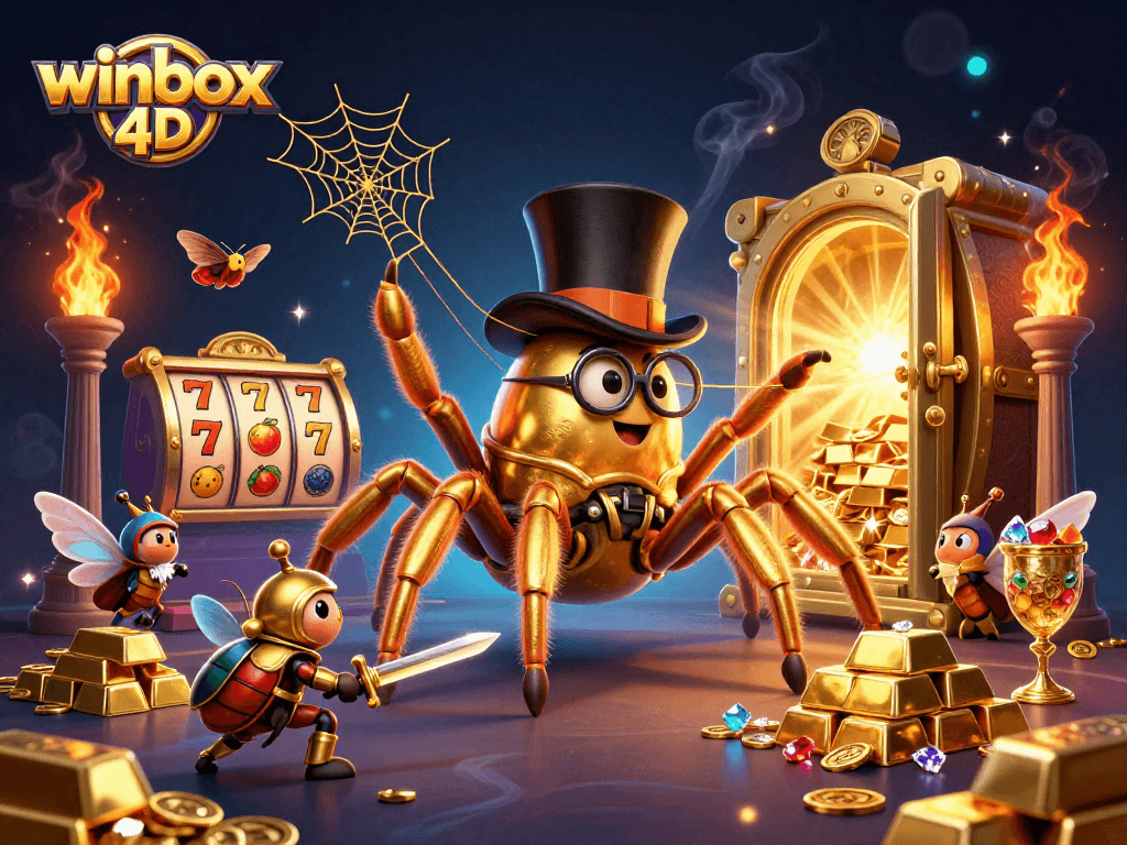 Winbox 4D slots scene capturing excitement with a golden tarantula and beetle knight surrounded by treasures.