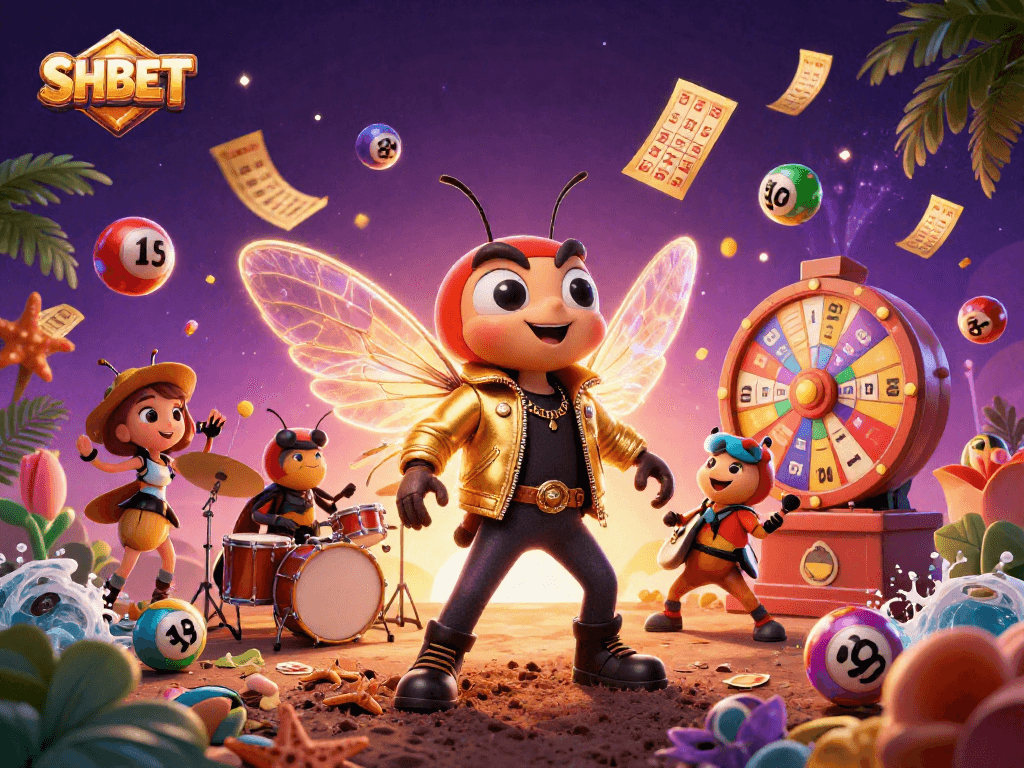 Engage with SHBET's gaming actions featuring vibrant characters and dynamic lottery elements in a 3D casino scene.