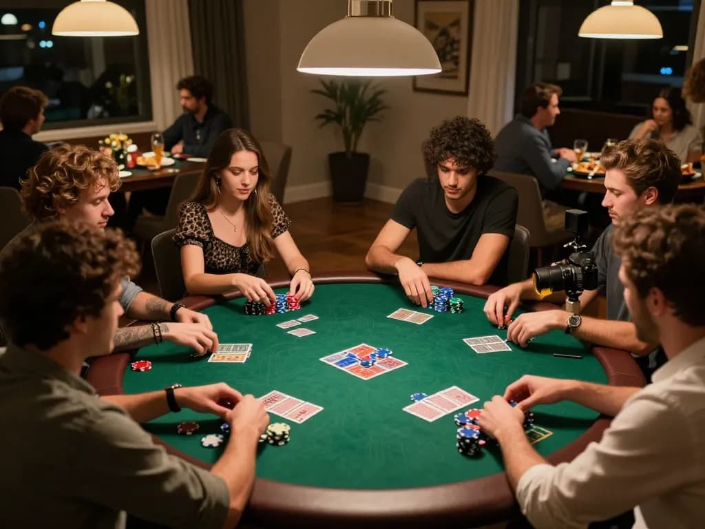 KJC players enjoying a lively poker game, showcasing chips and cards in an inviting home setting.