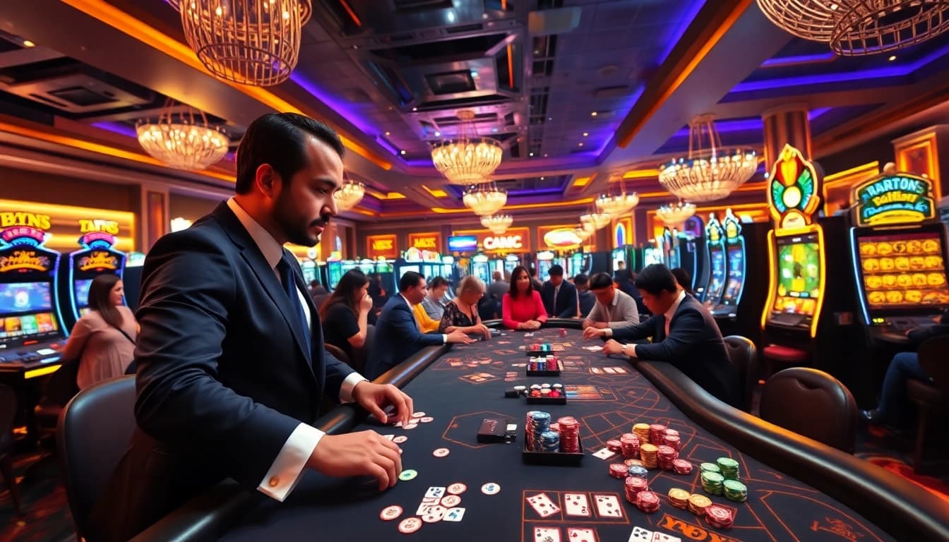 Experience thrilling action at Situs Judi Bola Terpercaya with gamblers placing bets at a vibrant casino table.