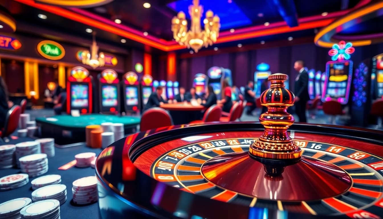 Engaging casino scene highlighting 99ok with vibrant slot machines and roulette.