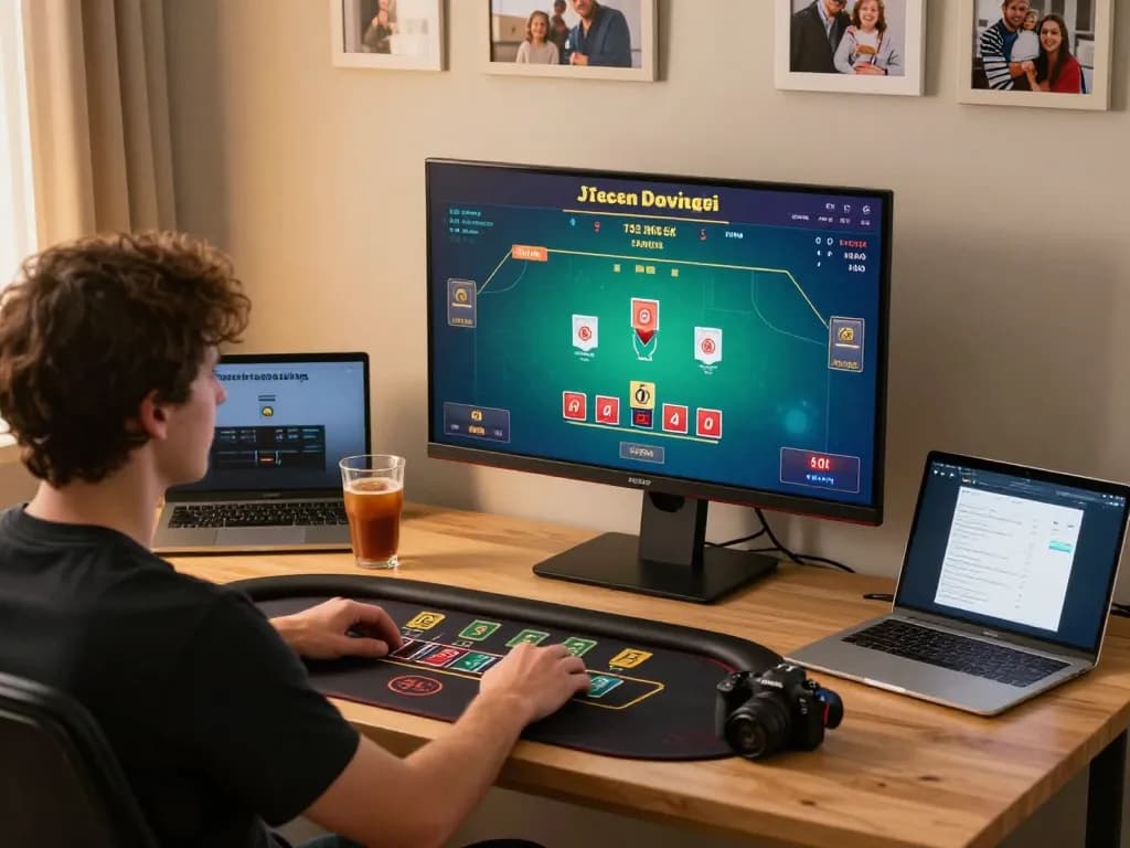 Player enjoying a live dealer blackjack game showcasing SC88 strategy and excitement in a home office