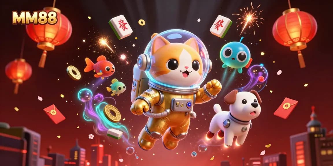 Immerse in the MM88 experience with a cat astronaut and robot dog in an explosive casino scene, showcasing excitement and fun.