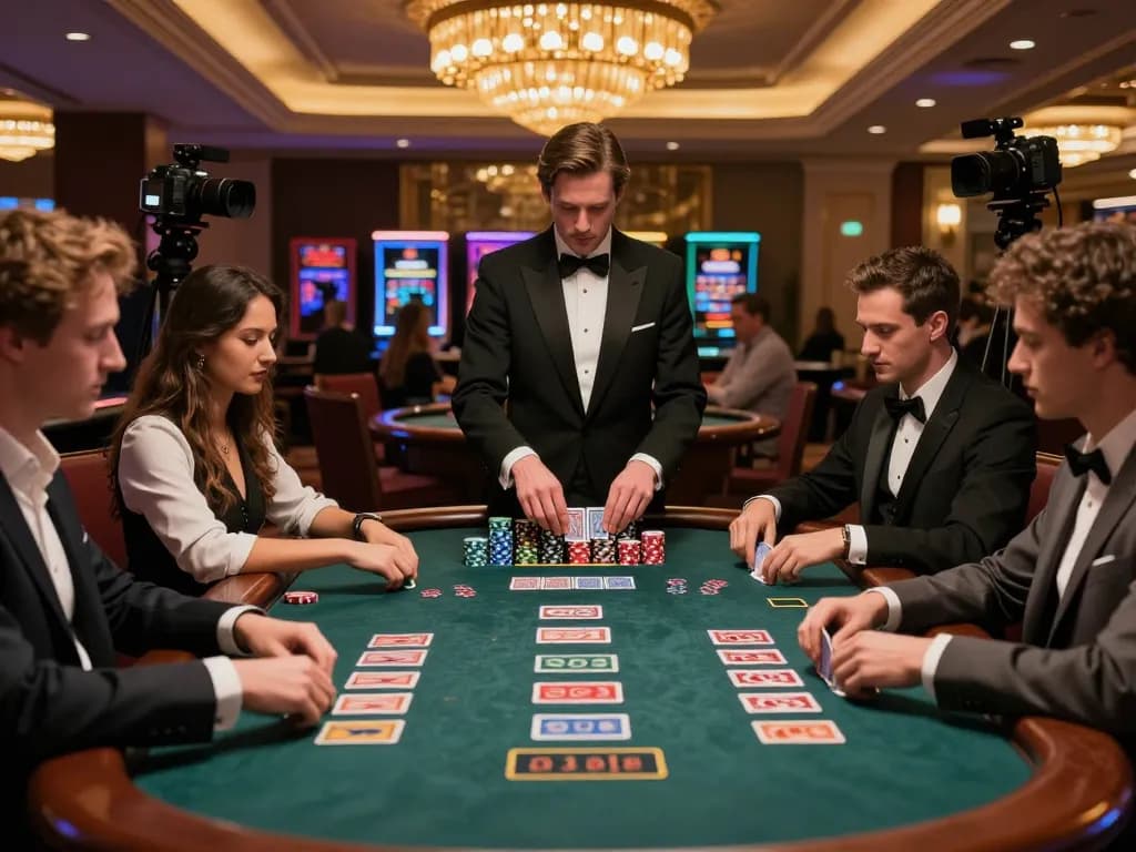 RR88 KJC players strategizing at a high-stakes blackjack table in an upscale casino.