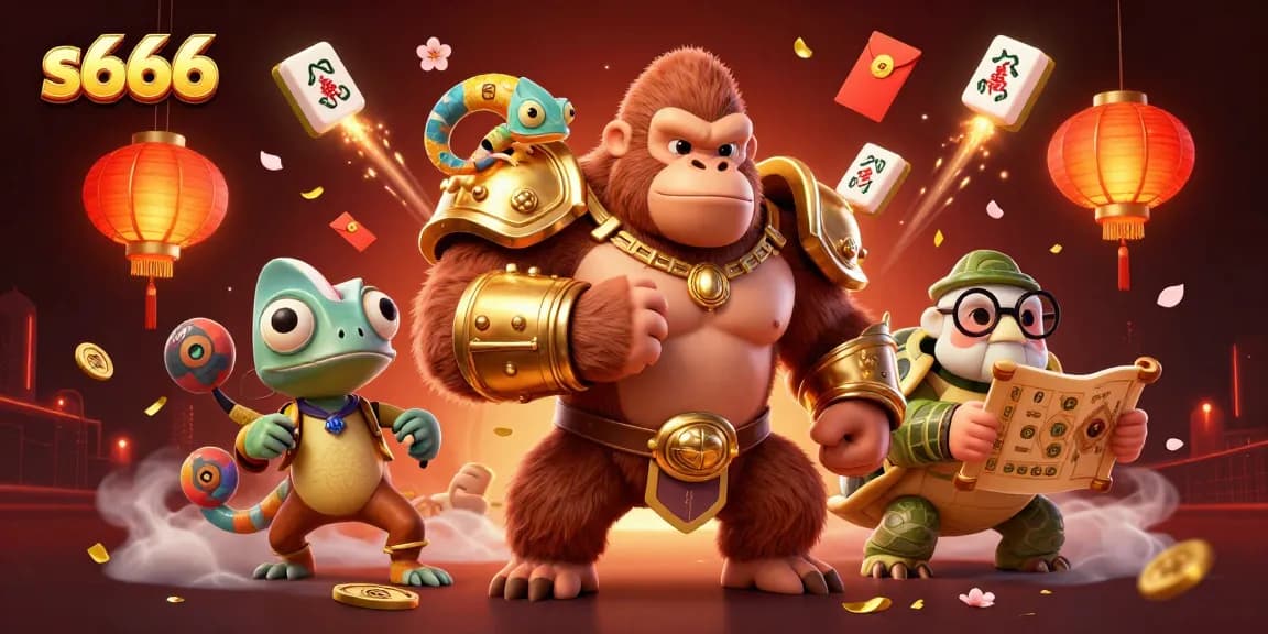 S666 features a powerful cartoon gorilla king with vibrant game elements celebrating in a casino setting.