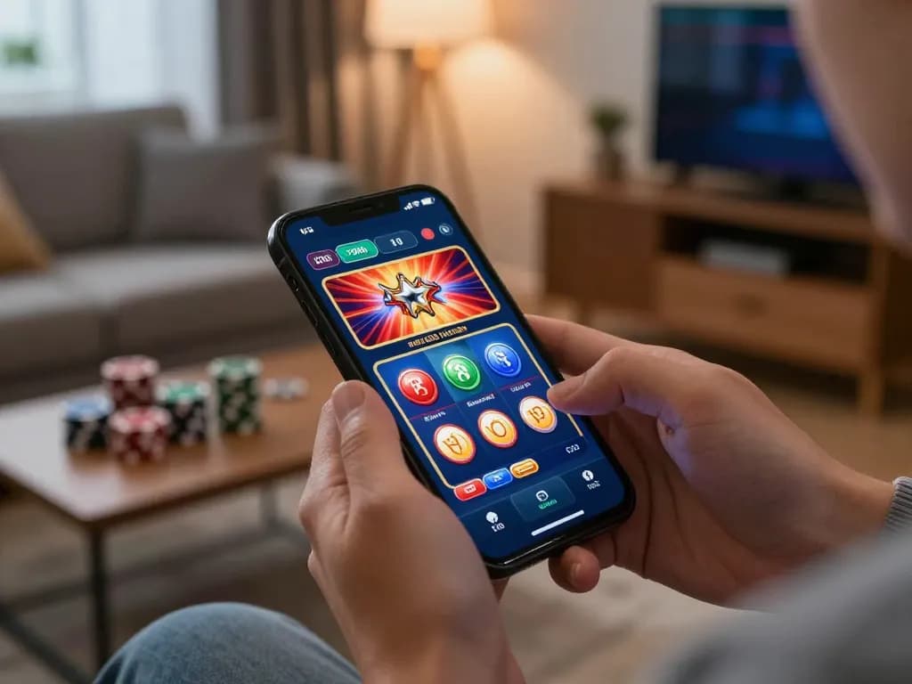 Engaging in casino games on a smartphone for okking nhà cái while relaxing at home.