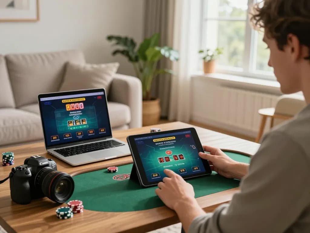 Player using aa88i live dealer game on a tablet, cozy home gaming setup.