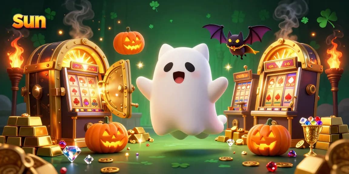 Bet with sun-inspired excitement in a vibrant casino scene filled with festive jack-o-lanterns and treasures.
