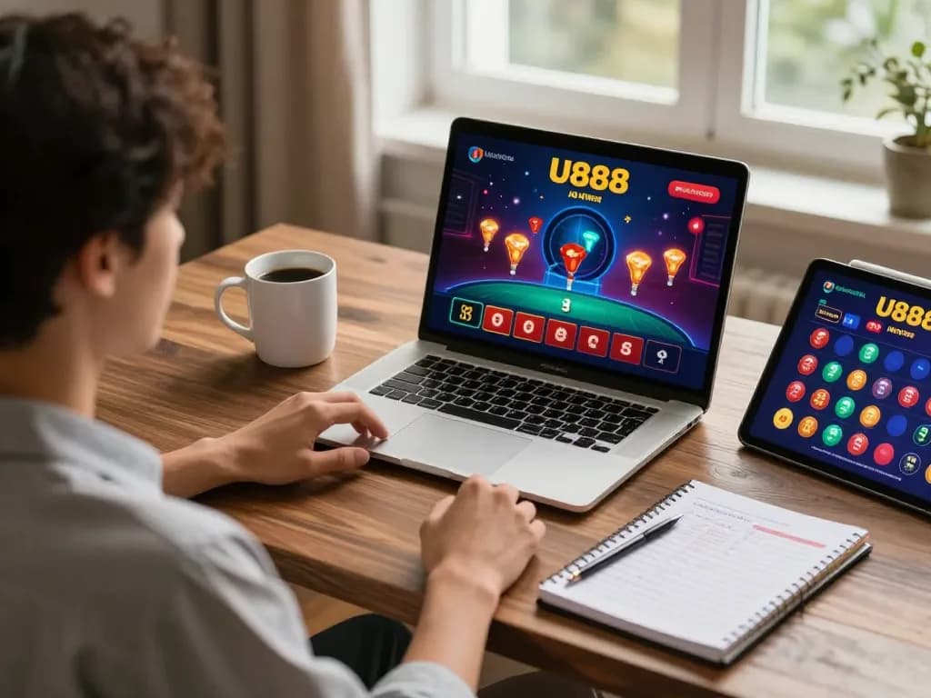 Engaging with U888's online casino through a cozy gaming setup, blending strategy and relaxation.