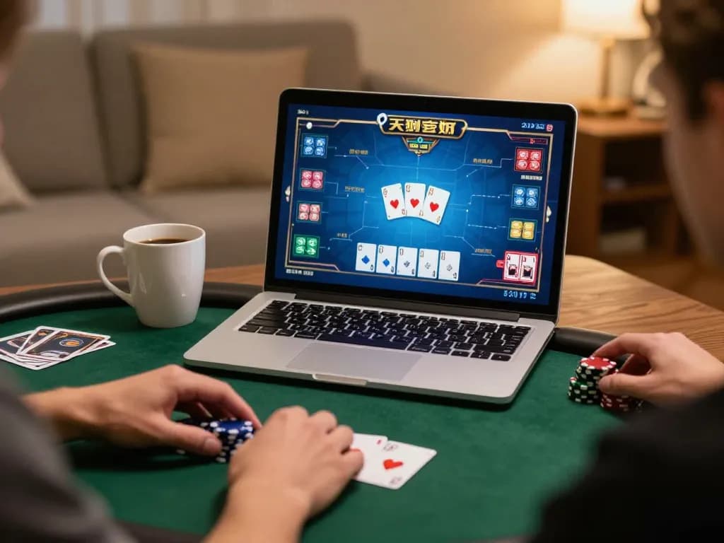 Engaging poker game showcased on laptop represents bem88 nhà cái online gaming strategy and player interaction.
