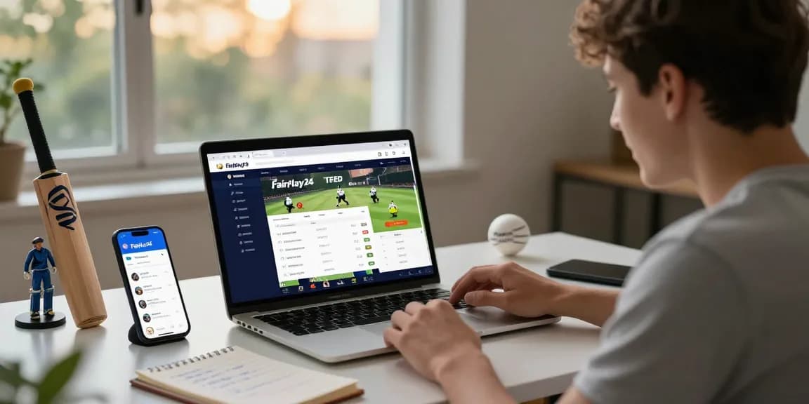 Betting enthusiast using Fairplay24 on a laptop with cricket memorabilia in a vibrant room.