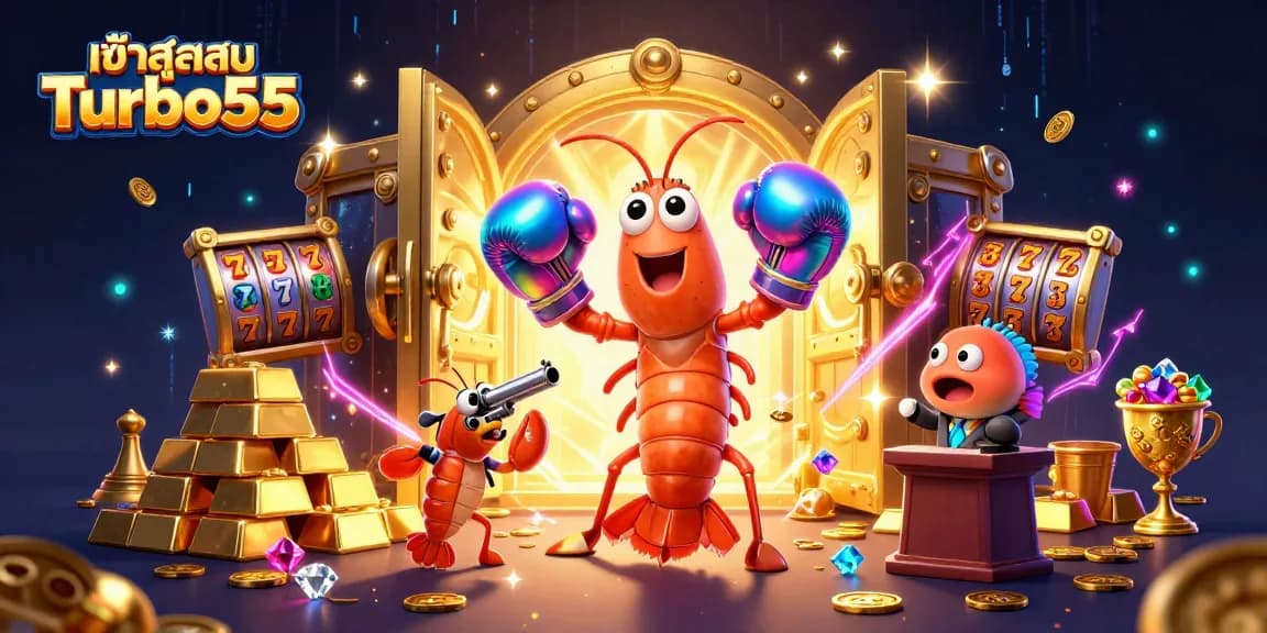 Engage with the vibrant world of เข้าสู่ระบบ Turbo55 featuring dynamic 3D characters and casino elements.
