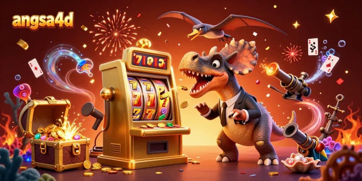 Engage with angsa4d as a dinosaur celebrates winning big at the casino with flying coins and a golden slot machine.