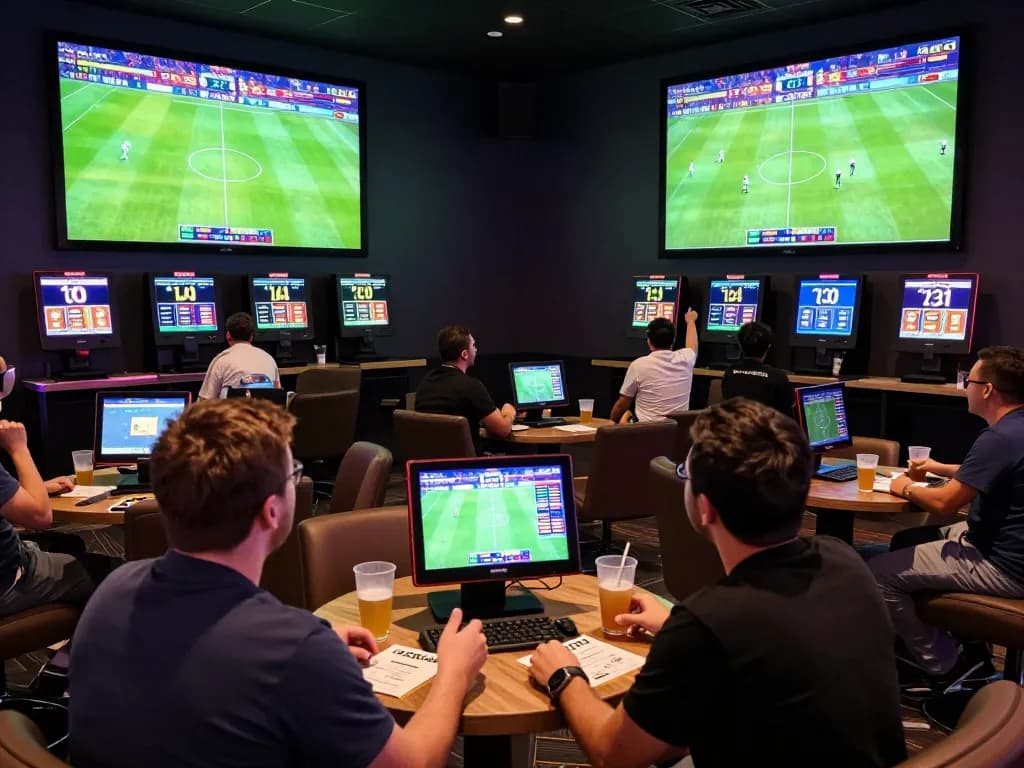 Fans engaging in sports betting, placing bets on tỷ lệ cá cược bóng đá in a lively lounge atmosphere