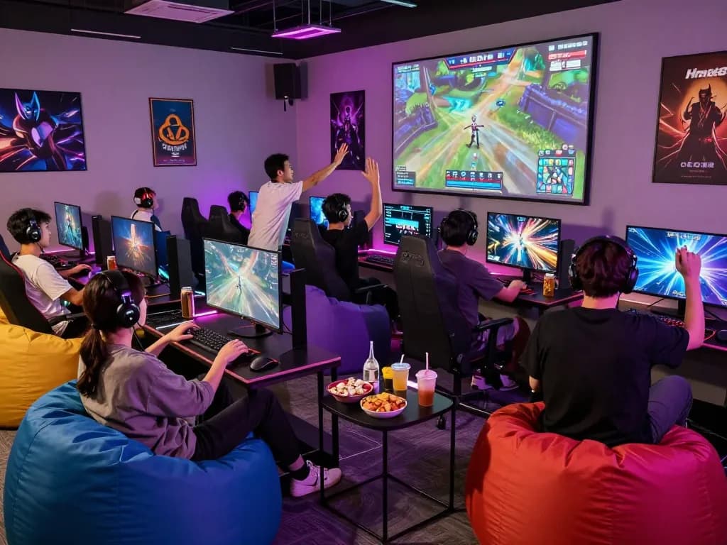 Dynamic gaming lounge with players enjoying Game hm88 on modern consoles.