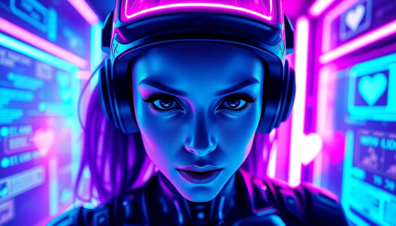 Immersive digital artwork of an enticing ai slut character in a vibrant cyberpunk setting, emphasizing allure and technology.