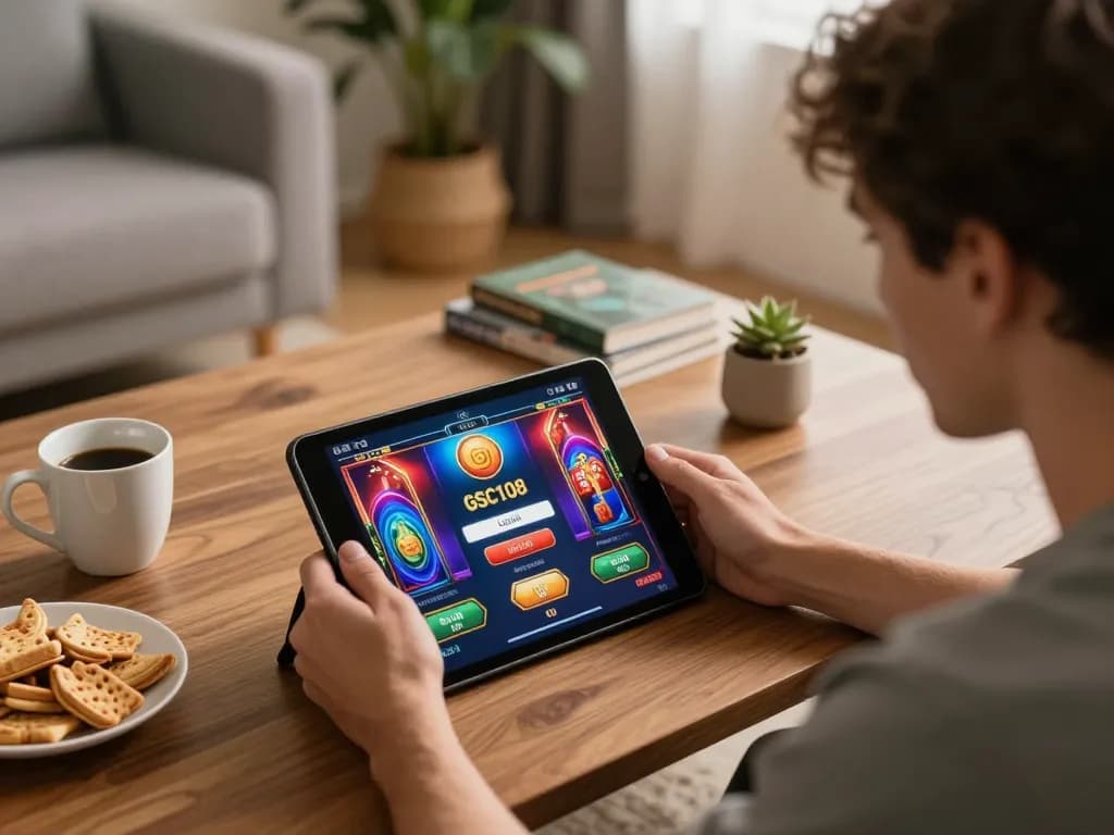 Pemain terlibat dalam permainan slot online dengan Login Gsc108 di tablet dalam suasana rumah yang nyaman