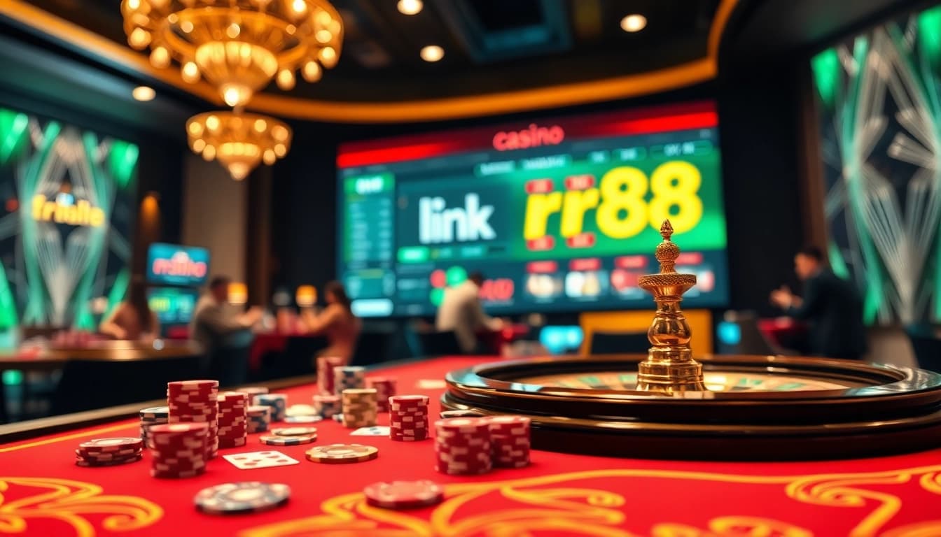 Engaging casino atmosphere showing link rr88 features vivid tables, cards, and chips for online gambling excitement.