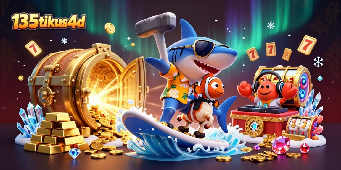 Exciting 135tikus4d casino scene showcasing cartoon characters in a vibrant, gold-filled atmosphere.