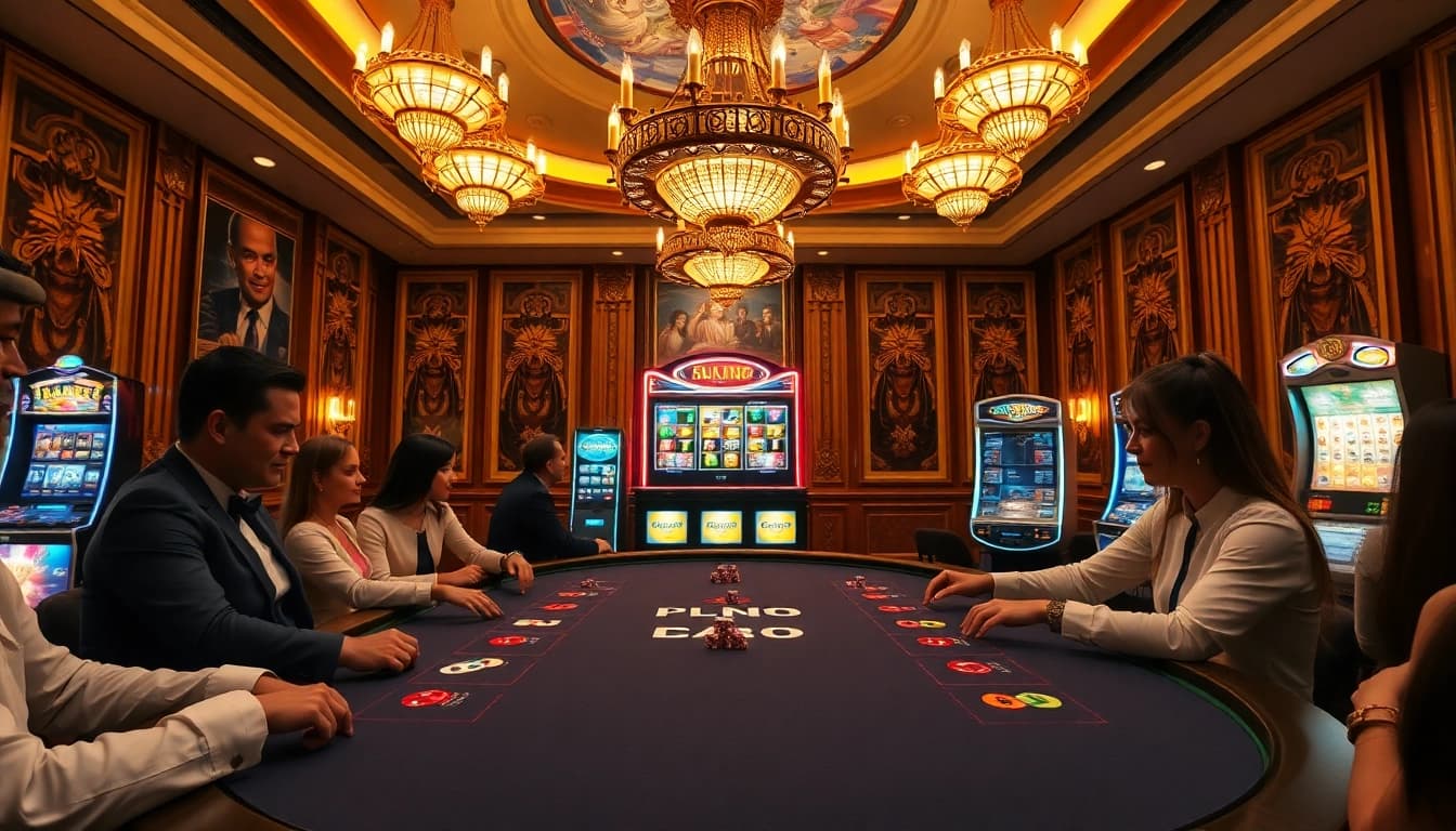 Engaged gamblers playing poker at a luxurious casino, highlighting excitement around https://one88za.com/.