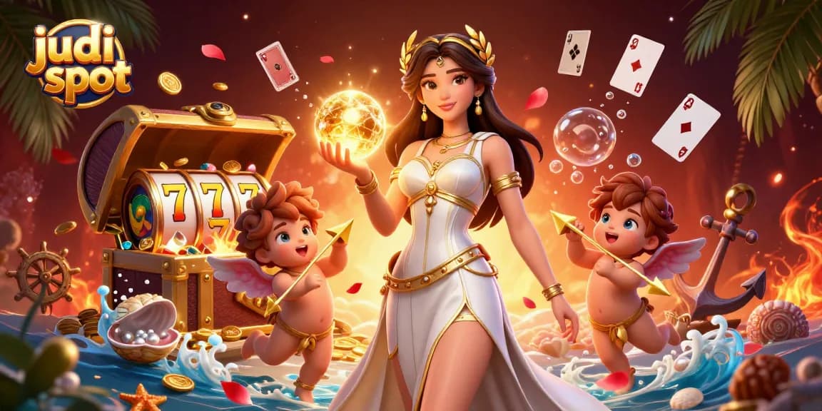 Experience thrilling judi slot action with a goddess among golden treasure and spinning reels.