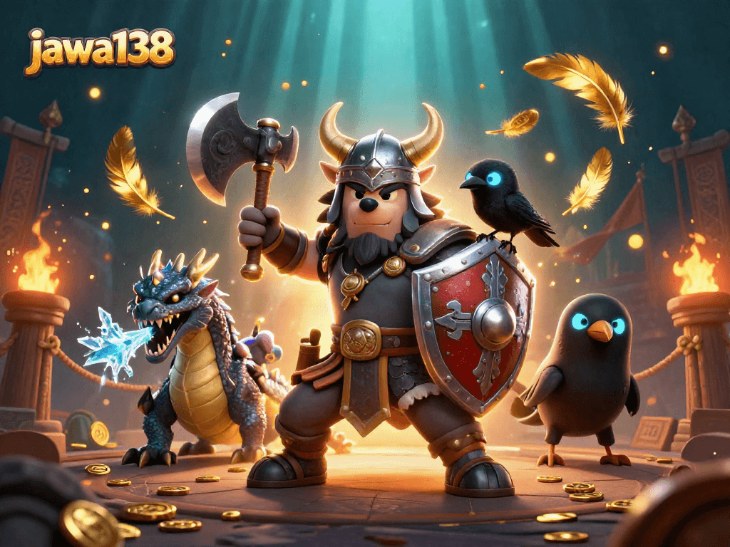 Bet and win big at jawa138 with a Viking wolf warrior and his dragon in a thrilling casino scene.