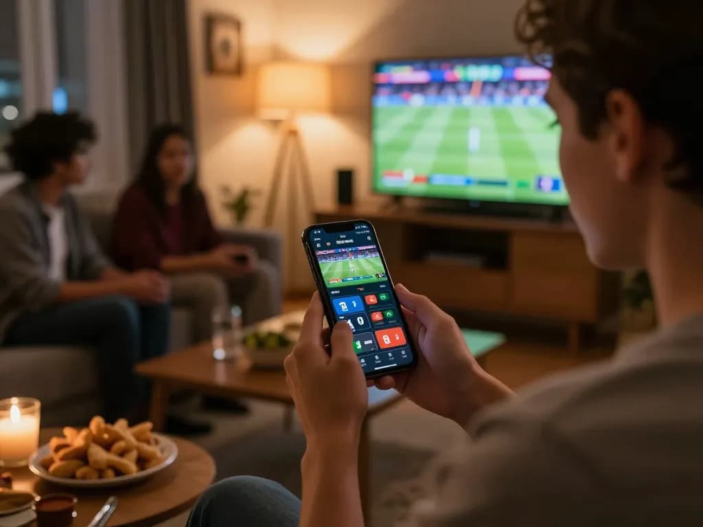 Engaged user betting on sin88 app during live sports event at home, showcasing excitement and strategy.