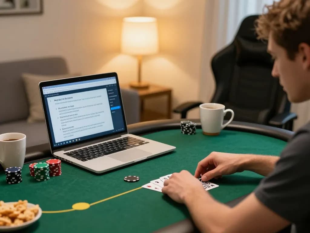 Player strategizing on RR88 poker game interface while relaxing at home, showcasing serious gameplay.