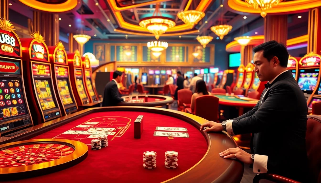 Experience the thrill of gambling at UU88 with vibrant casino tables and digital betting slips in action.