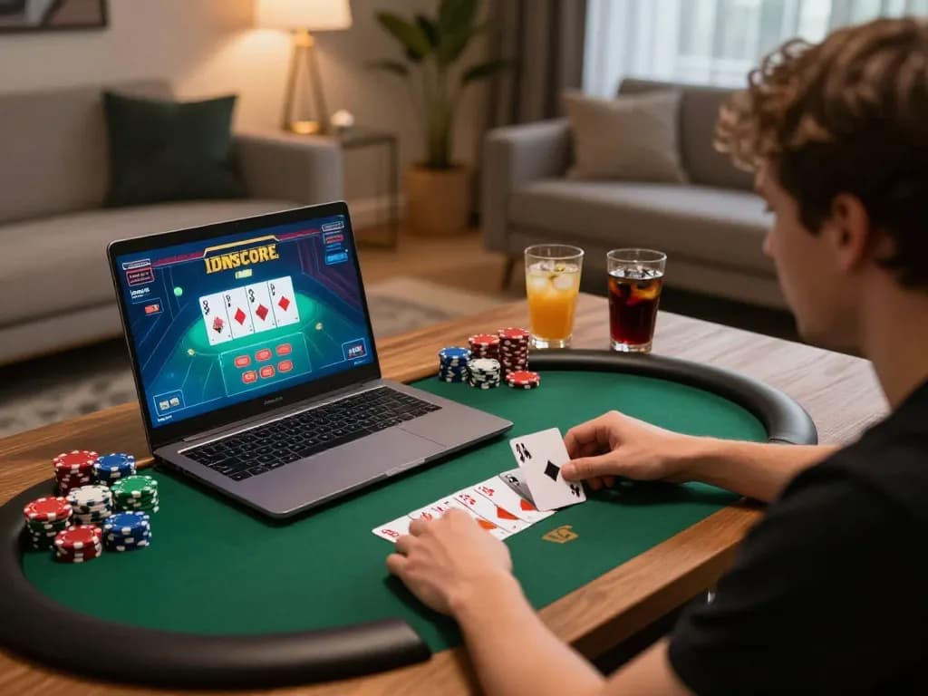 Experience the excitement of DAFTAR IDNSCORE with engaging online poker gameplay in a stylish home setup