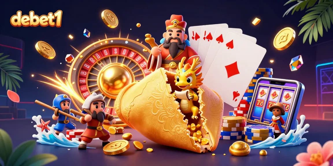 Experience the excitement of debet1 with a vibrant casino-themed illustration showcasing games and fortunes.