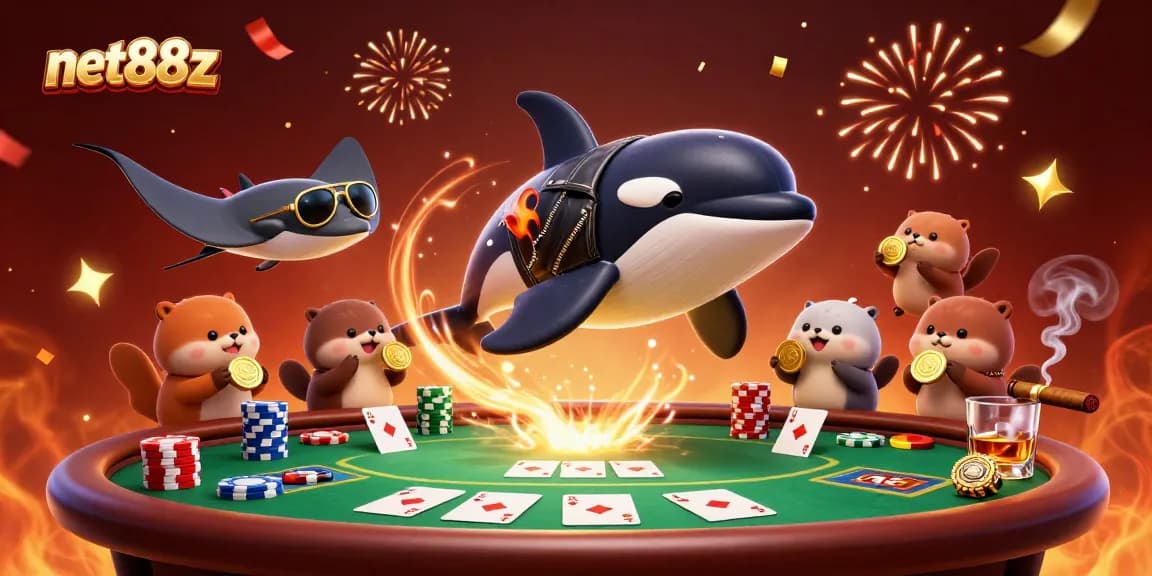 Join the excitement at net88z with a thrilling scene of an orca, stingray, and otters celebrating poker and riches!