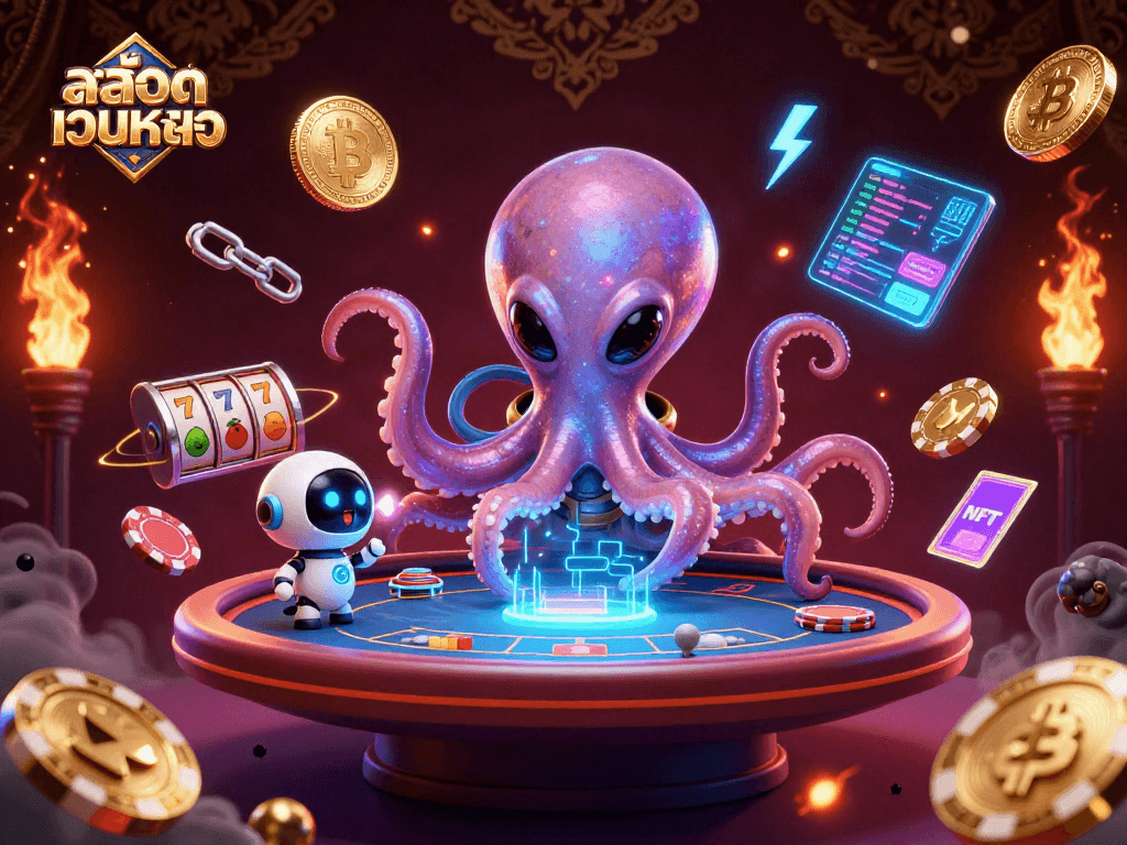 Play slots with the intergalactic alien octopus at a holographic table in a thrilling สล็อตเว็บตรง setting.