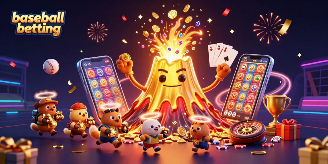 Engage in baseball betting with vibrant visuals of casino elements and jubilant characters.