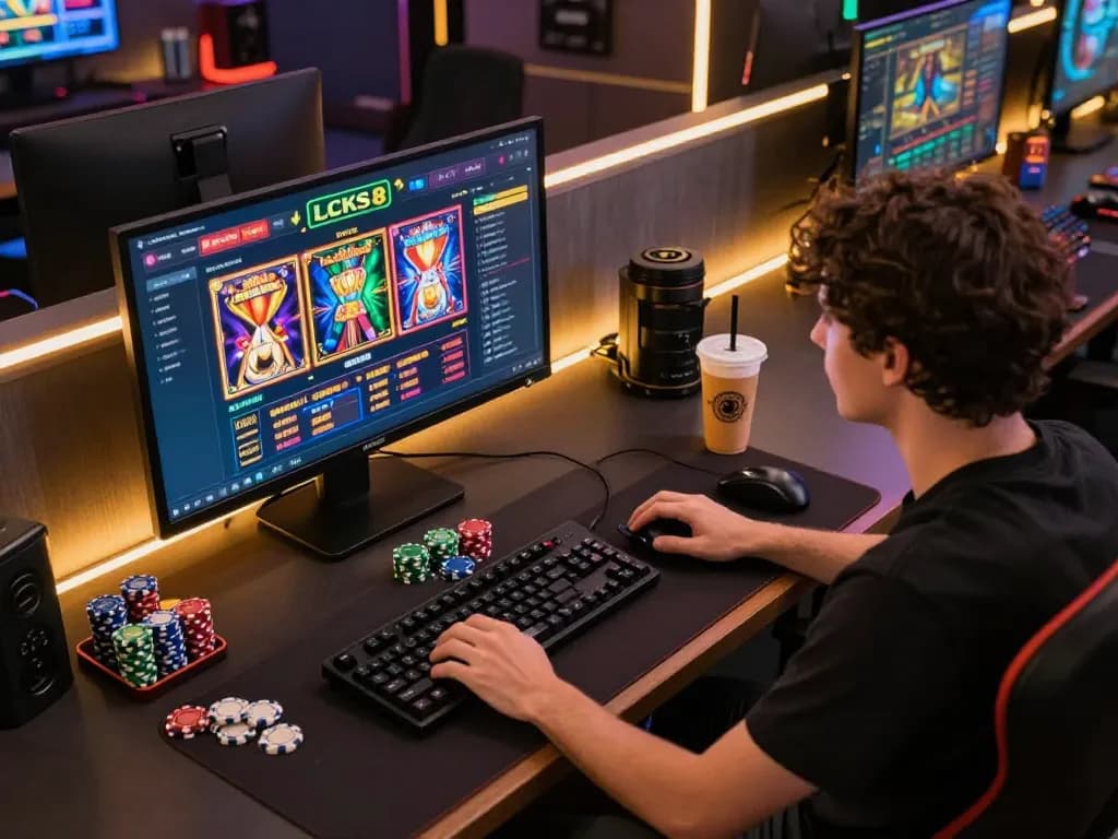 Engaged user playing online games at lucks8 platform, showcasing vibrant interface and strategic gaming.