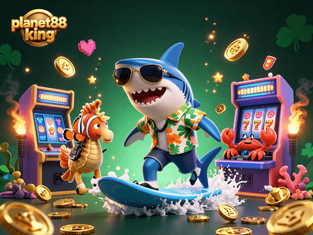 Experience big wins at planet88king with a vibrant 3D illustration of casino players amidst gold coins.