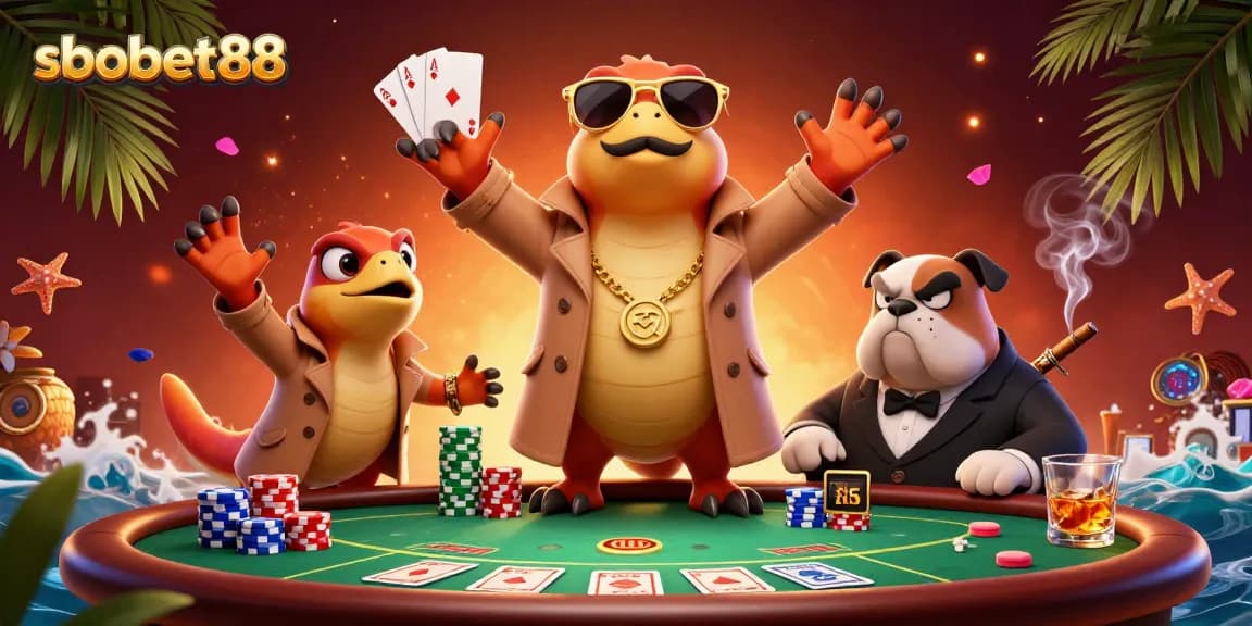 sbobet88 showcases raptors hilariously disguised as a person in a vibrant casino scene
