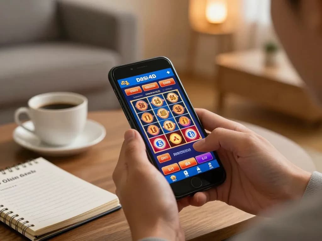 Terlibat dalam slot online di aplikasi dasi4d, menampilkan antarmuka yang berwarna-warni dalam suasana yang nyaman.
