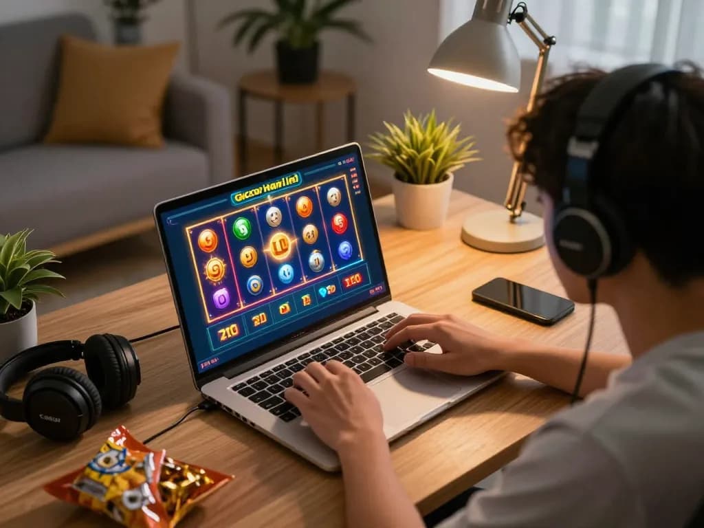Engaging player experiencing slot gacor hari ini action on a laptop in a cozy home office setting.